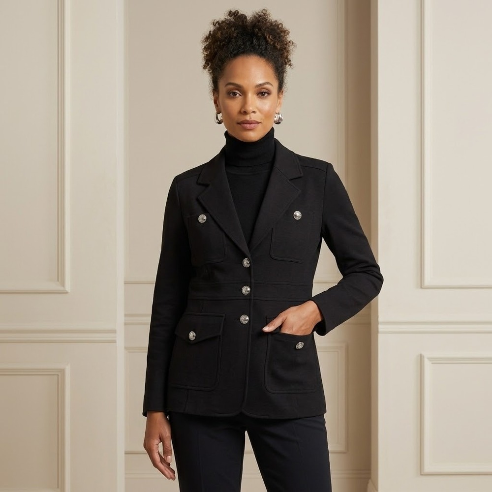 Michael Kors Womens XL Black Ponte Utility Blazer Silver Logo Button Jacket